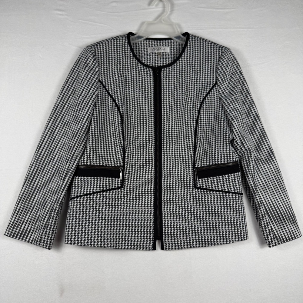 Kasper Houndstooth Zip Front‎ Blazer Jacket Quiet Luxury Career Chic Sz 12